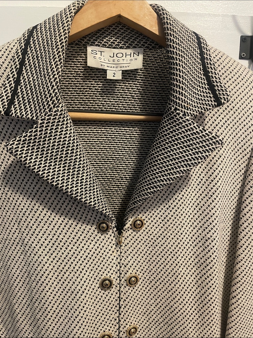 St. John Collection Cream and Black Knit Blazer with Gold Buttons